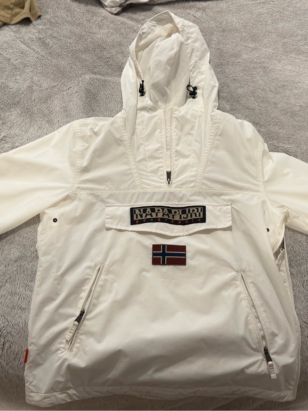 Napapijri White Hooded Windbreaker Anorak with Flag Patch